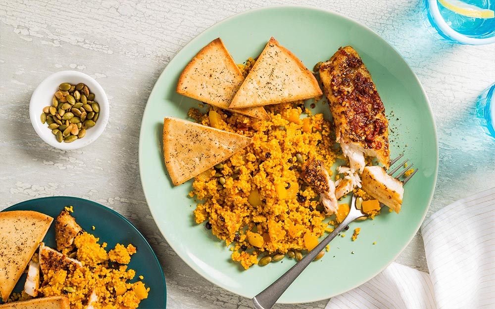 Harissa Pan Fried Fish with sumac pitas and jeweled couscous,